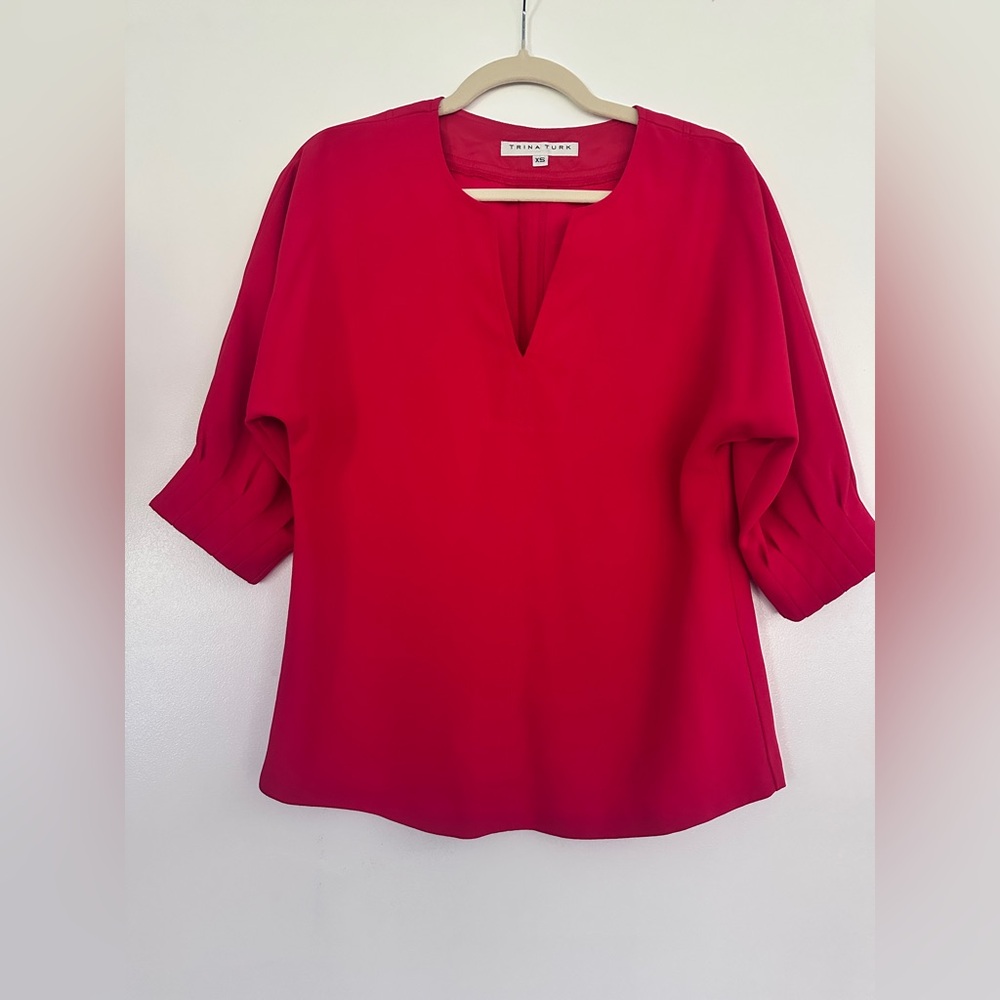 Trina Turk Red Boxy 3/4 Cuffed Sleeve Blouse